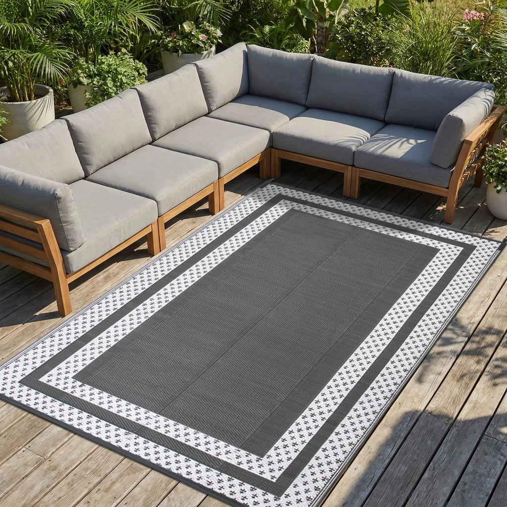 PP Outdoor Mat 6×9ft – Gray & White Grid with Ground Pegs for Patio & Camping