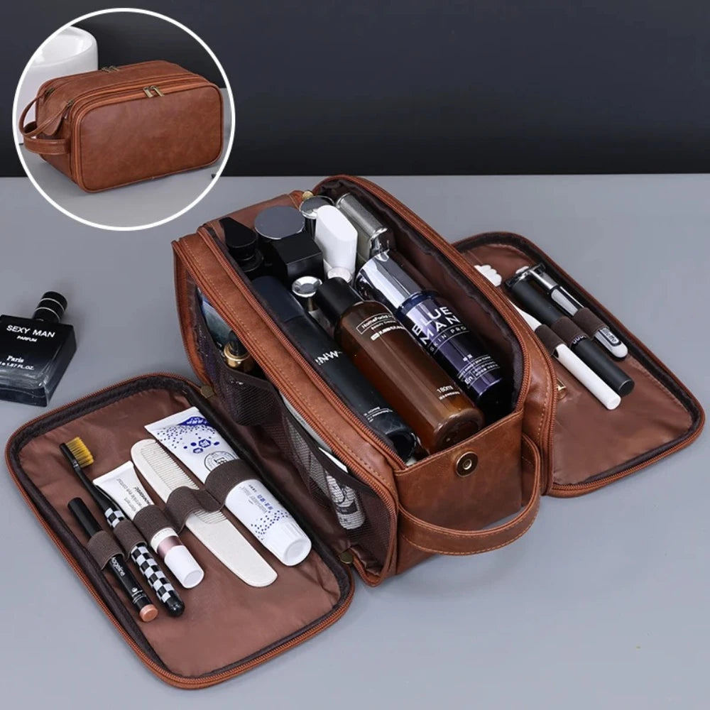 PU Leather Hanging Toiletry Bag — Multi-Pocket, Dry-Wet Separation, 28×18×15cm