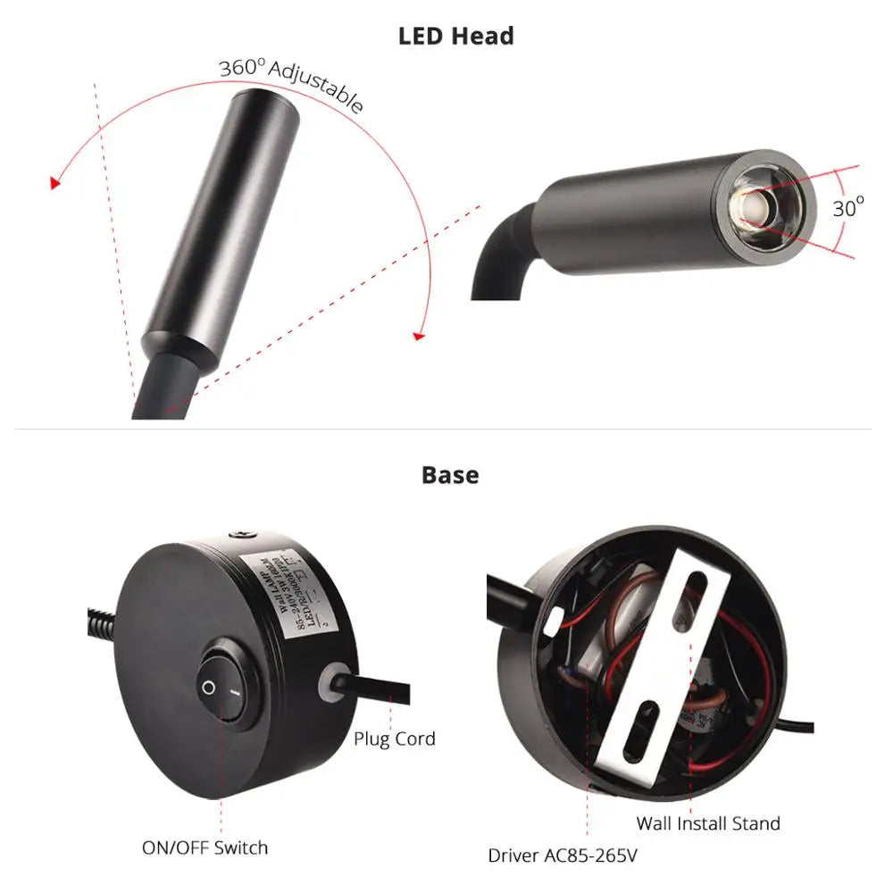 3W LED Reading Wall Lamp — Flexible, Plug-In, Black, Silver or White