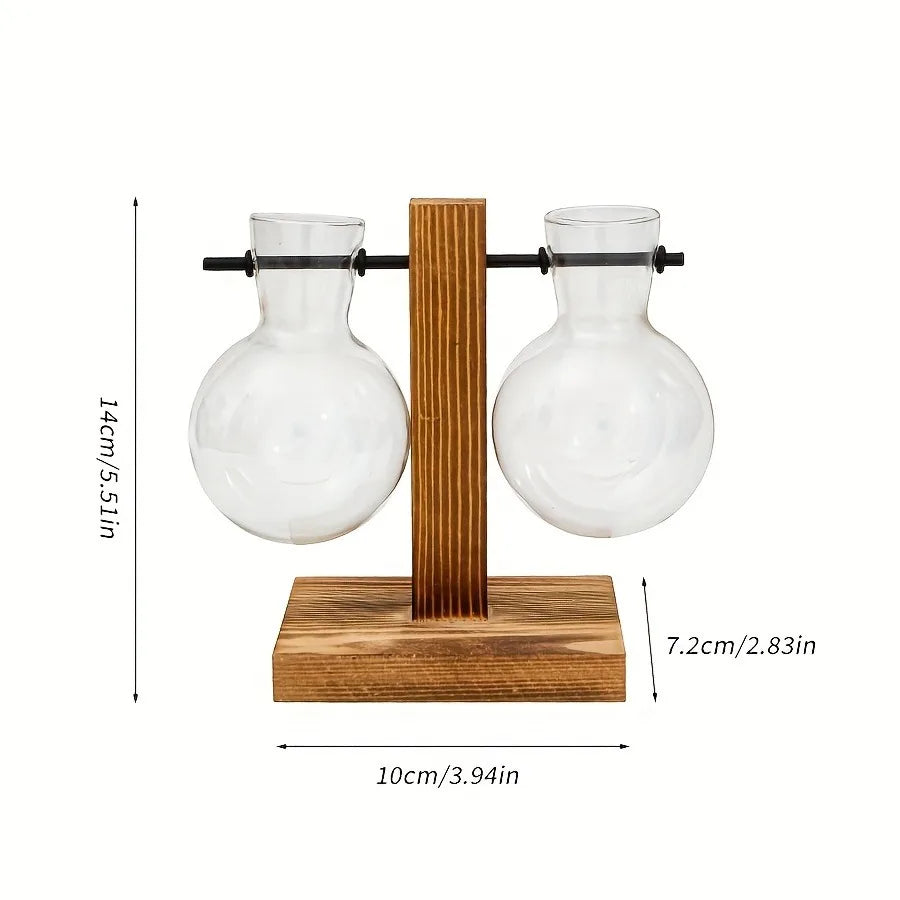 Vintage Bulb Glass Hydroponic Vase with Wooden Stand — Desktop Plant Terrarium