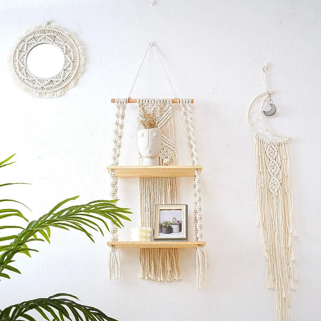 Boho Macrame Wall Hanging Shelf — Wood & Polyester Floating Shelf