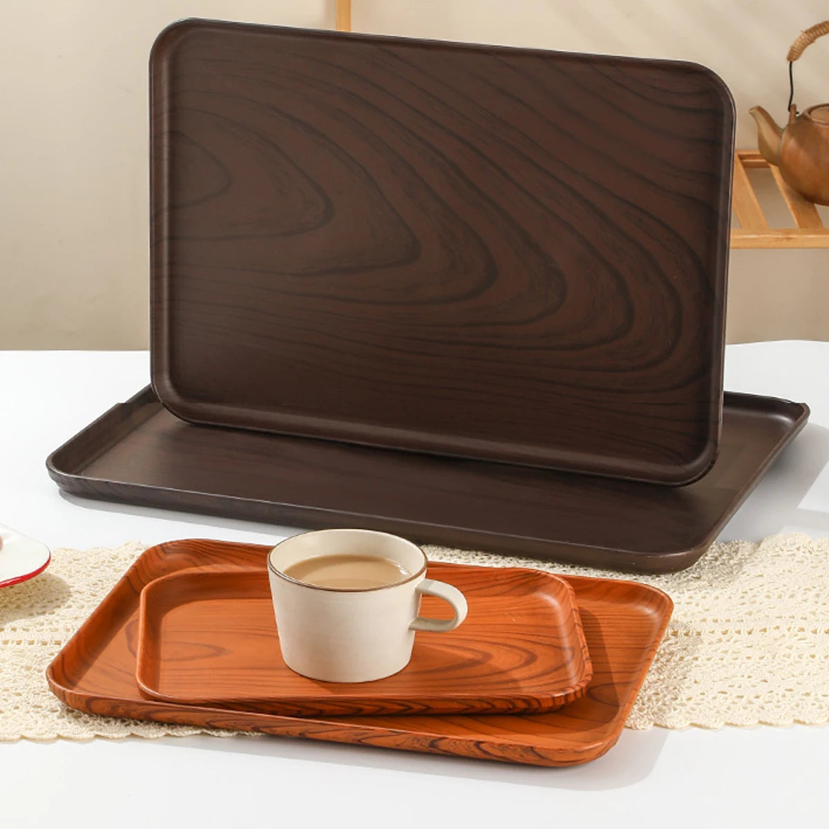 Wood Grain Plastic Stackable Food Serving Tray — Large Capacity Kitchen Organiser