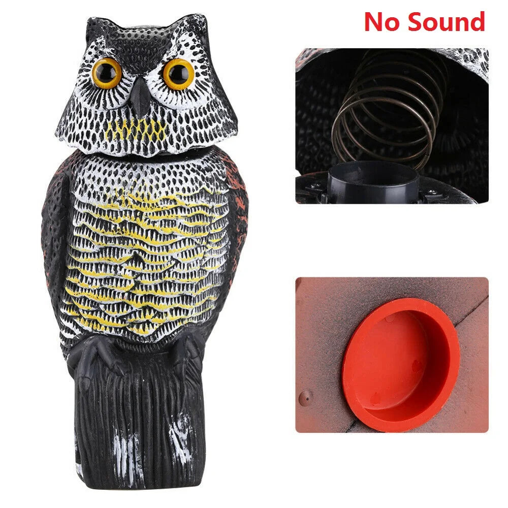Realistic Owl Decoy Scarecrow — Rotating Head & Sound, Garden Bird Repellent