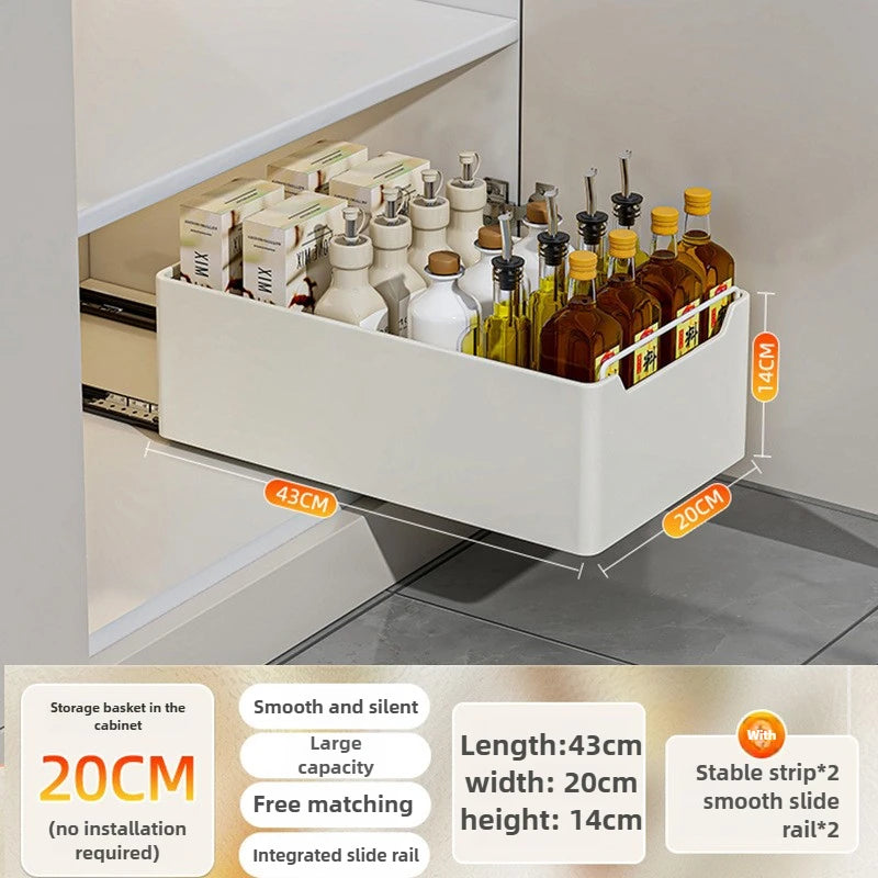 Pull-Out Cabinet Storage Rack with Slide Rails — No-Drill, Smooth & Quiet