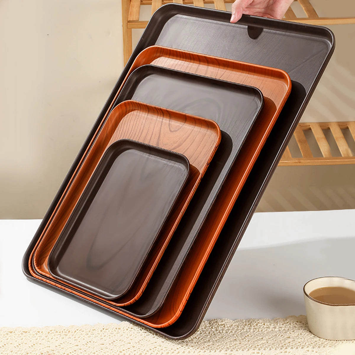 Wood Grain Plastic Stackable Food Serving Tray — Large Capacity Kitchen Organiser
