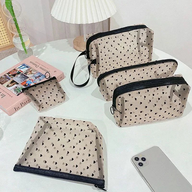 Transparent Mesh Makeup Bag — Heart Detail, Zipper Cosmetic Pouch, 12×8.5cm