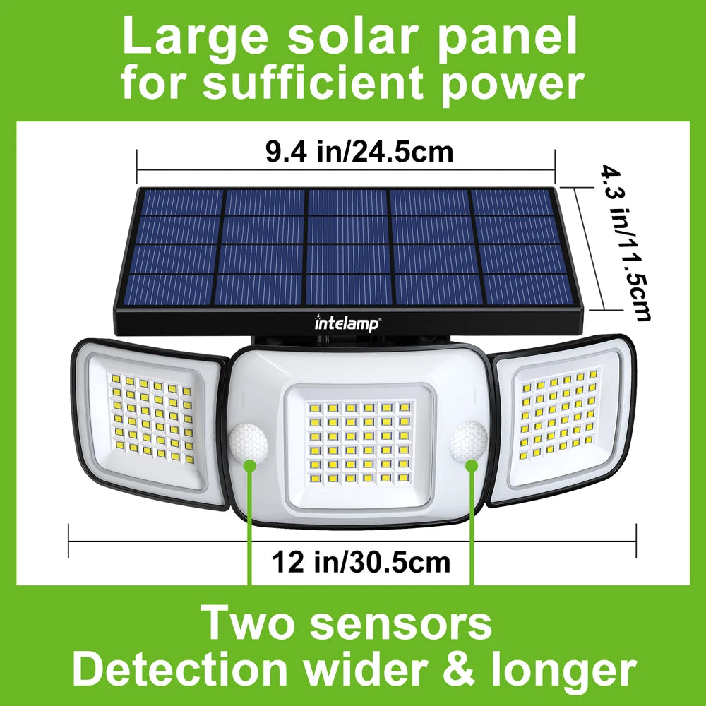 Solar Security Flood Light — Triple Head, Motion Sensor, Outdoor