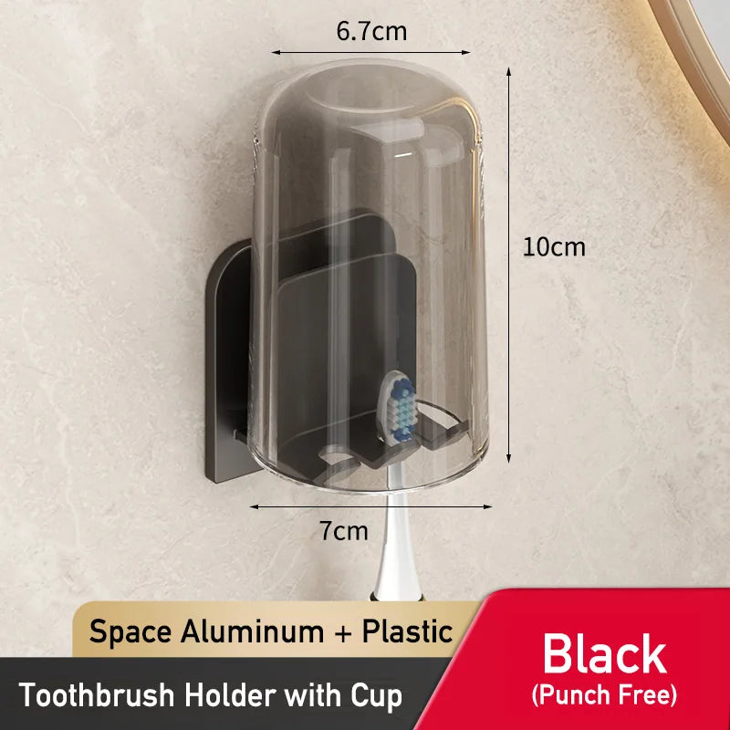 Space Aluminum Toothbrush & Cup Holder — No-Drill Wall Mount, Dual Slot