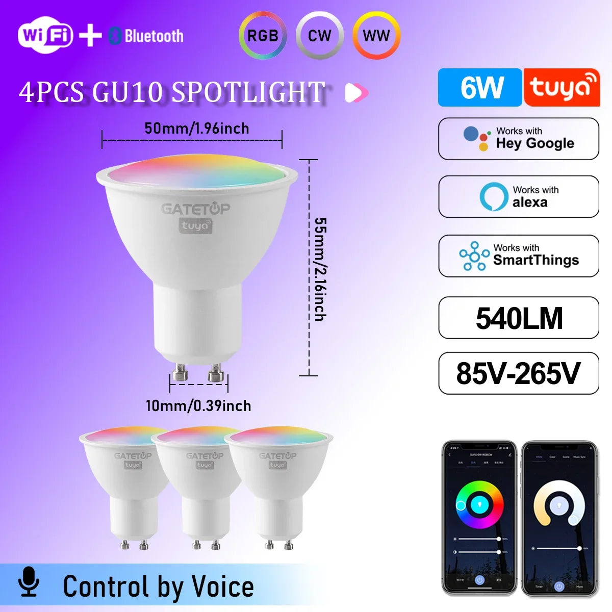 Tuya WiFi GU10 Smart Spotlight — Dimmable, Alexa & Google Compatible