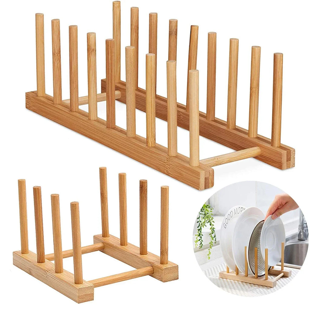 Bamboo Dish Drainer & Pot Lid Rack — Natural, Kitchen Organizer