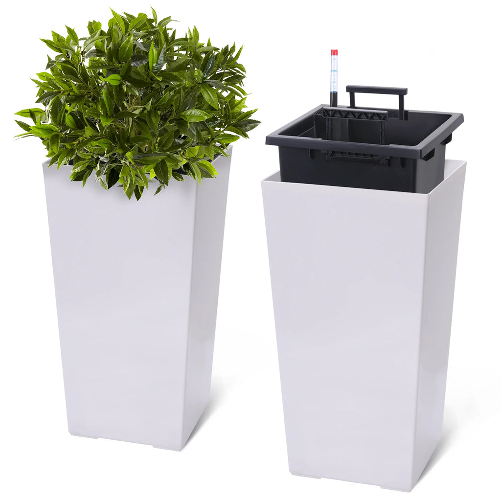 22-Inch Tall Black Taper Planter – Self-Absorbing Plastic Flower Pot with Shelf Insert (Set of 2)