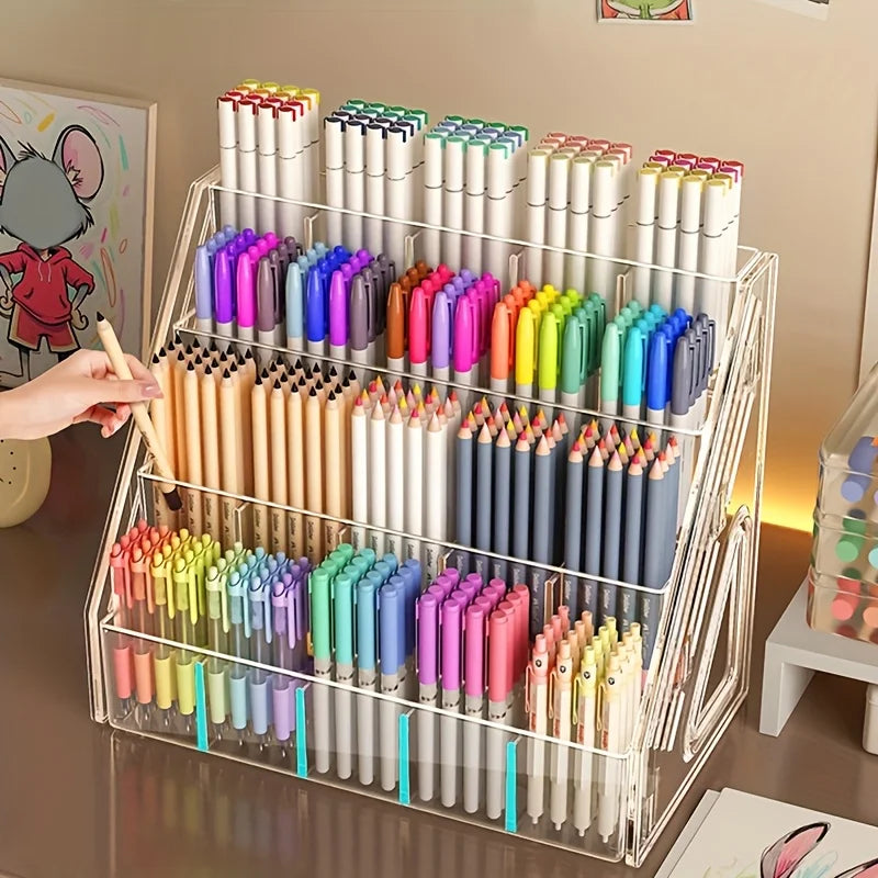 Acrylic Pen & Paintbrush Holder — Multi-Compartment Desk Organizer