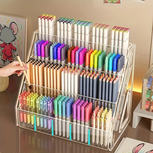 Acrylic Pen & Paintbrush Holder — Multi-Compartment Desk Organizer
