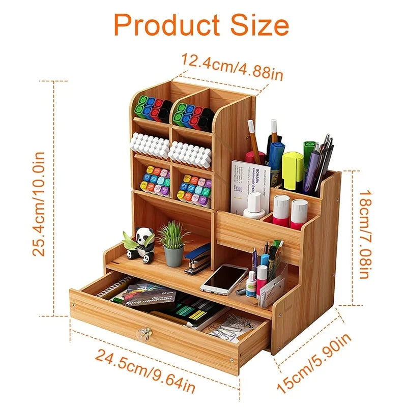 Wooden DIY Desk Organiser with Drawer — Pen & Stationery Storage