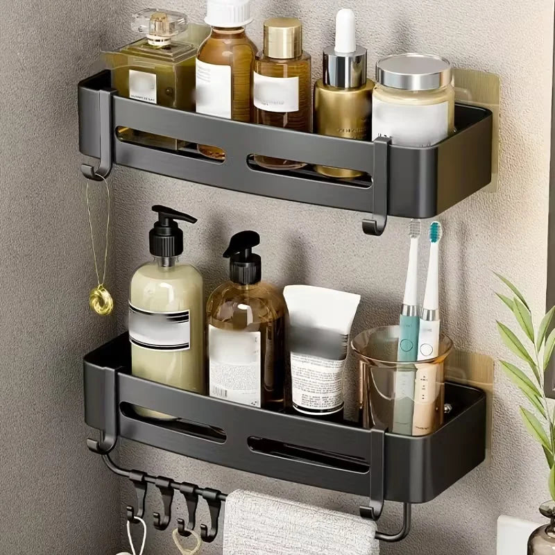 No-Drill Aluminum Corner Shower Shelf — Wall-Mounted Bathroom Organizer