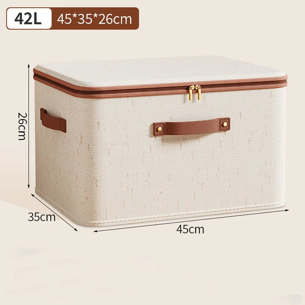 Zipped Cotton Linen Storage Box with Leather Handle