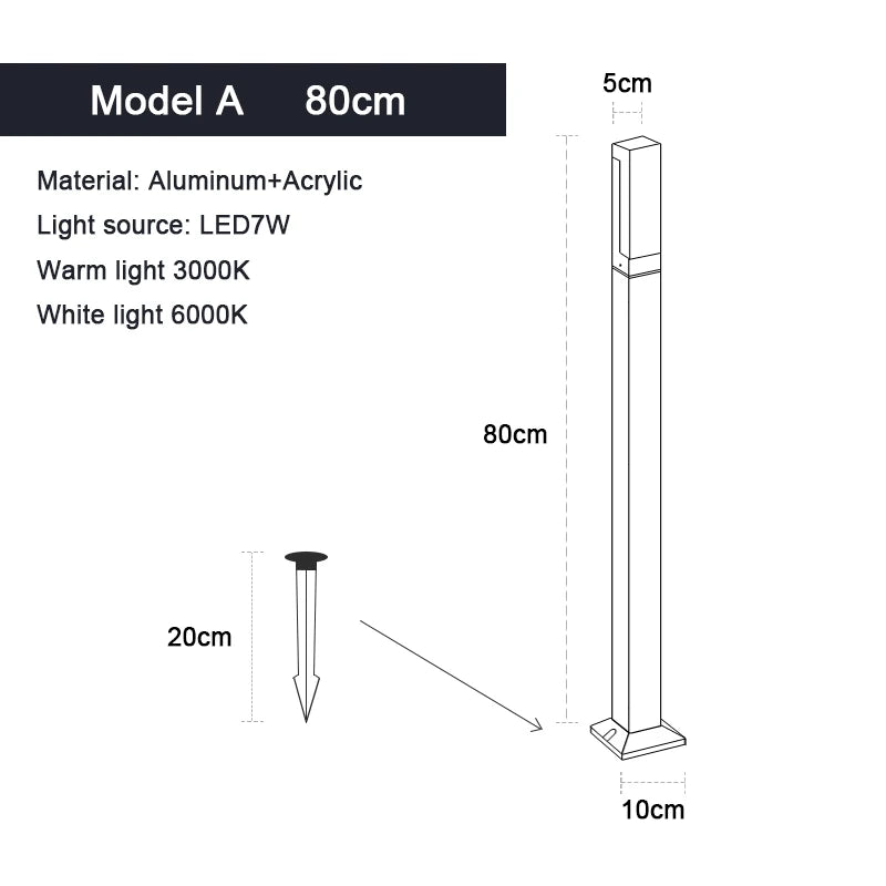 IP65 LED Lawn Light – 7W Aluminum & Acrylic Garden Post Lamp 30–100cm