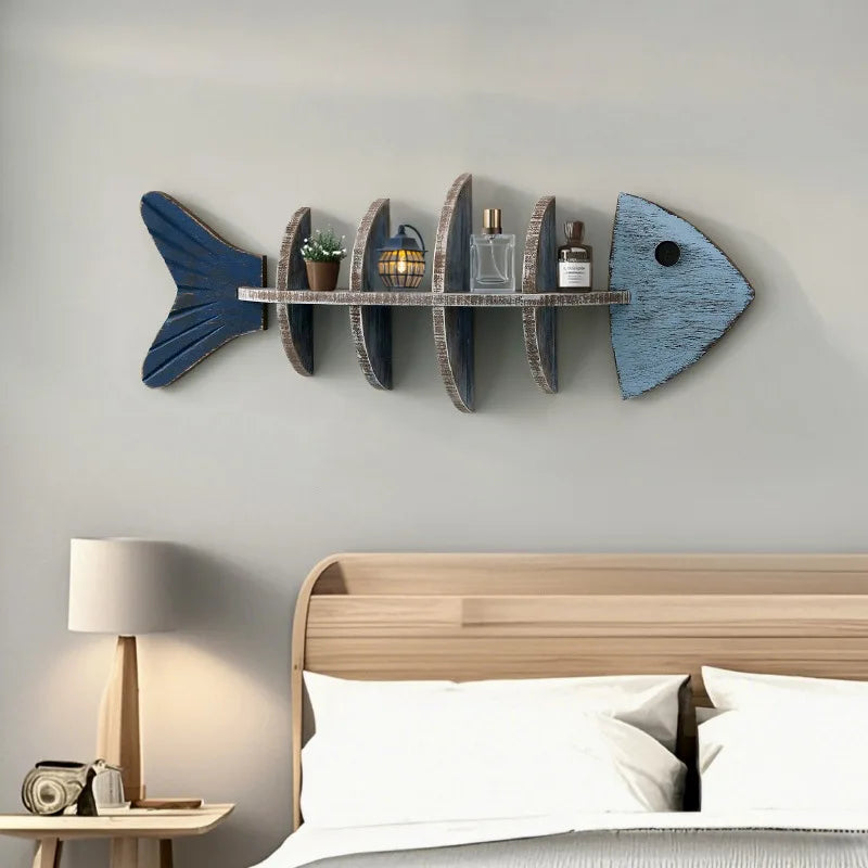 Nordic Wooden Fish Wall Shelf — Decorative Floating Bookshelf