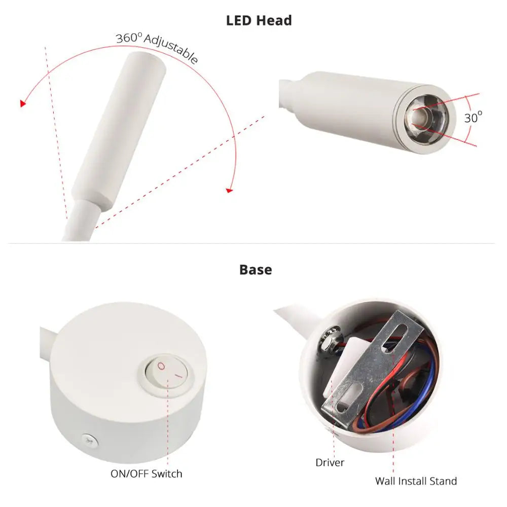 3W LED Reading Wall Lamp — Flexible, Plug-In, Black, Silver or White