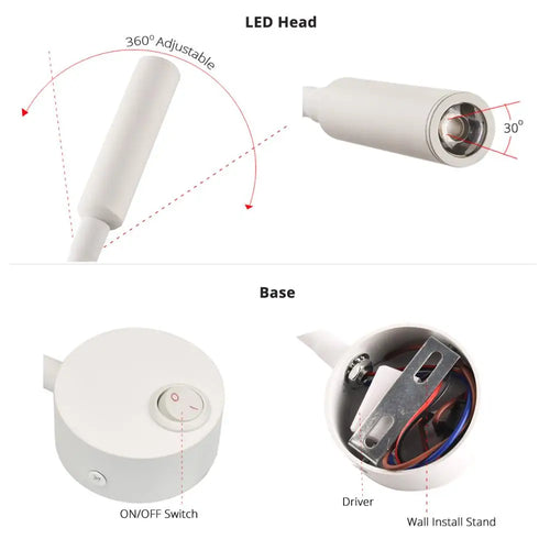 3W LED Reading Wall Lamp — Flexible, Plug-In, Black, Silver or White