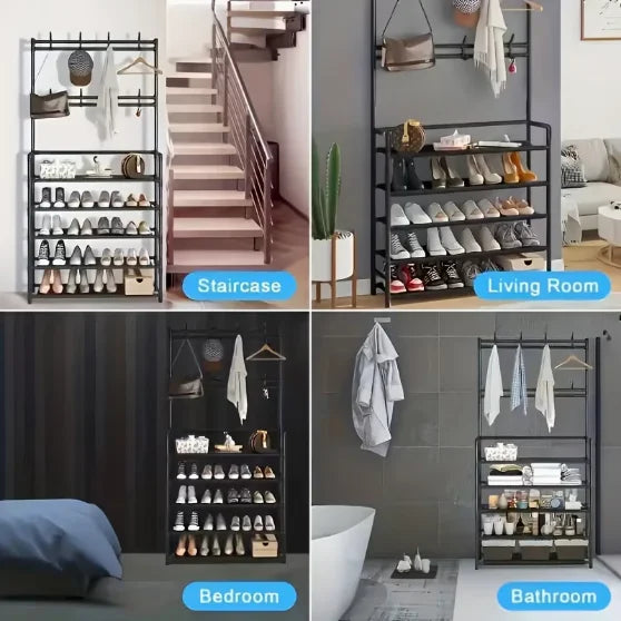5-Tier Freestanding Coat & Shoe Rack — Double Row
