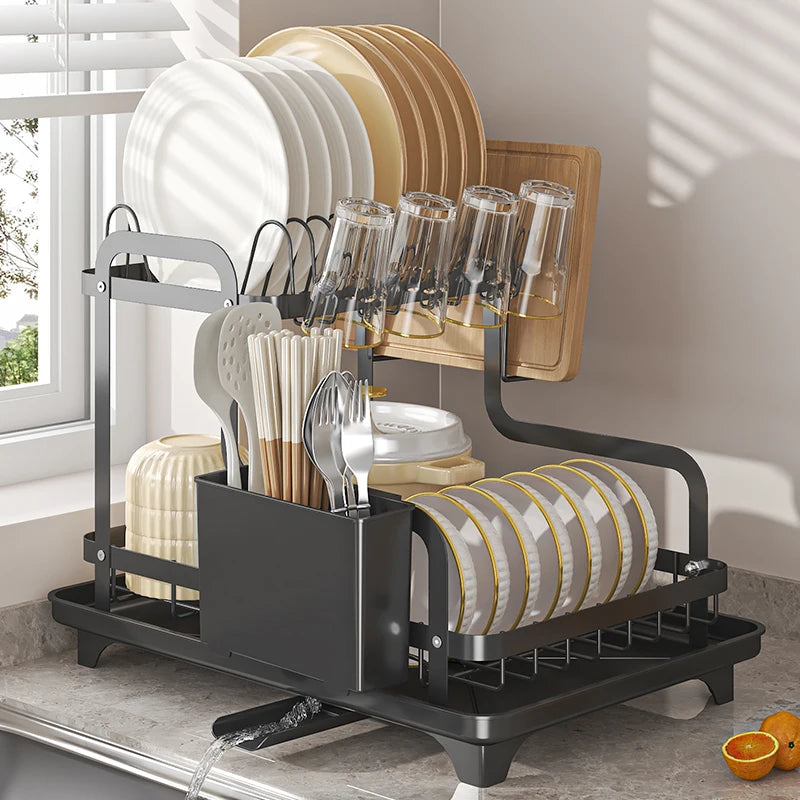 2-Tier Over-Sink Dish Drying Rack — Auto-Draining, No-Drill Install
