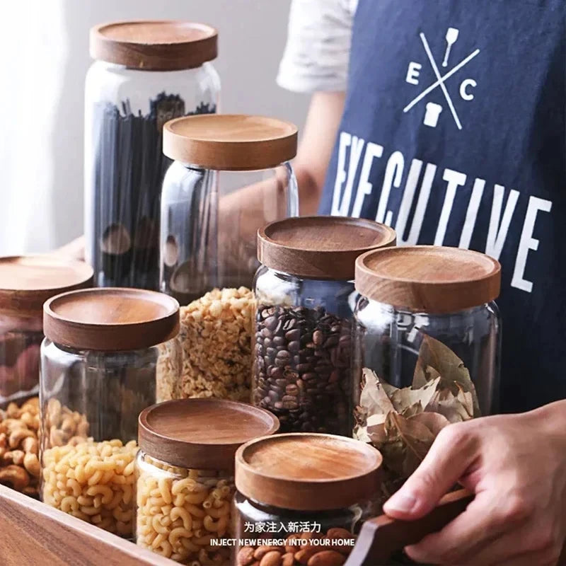 Glass Airtight Canister with Wooden Lid — Japanese Style, Kitchen & Pantry