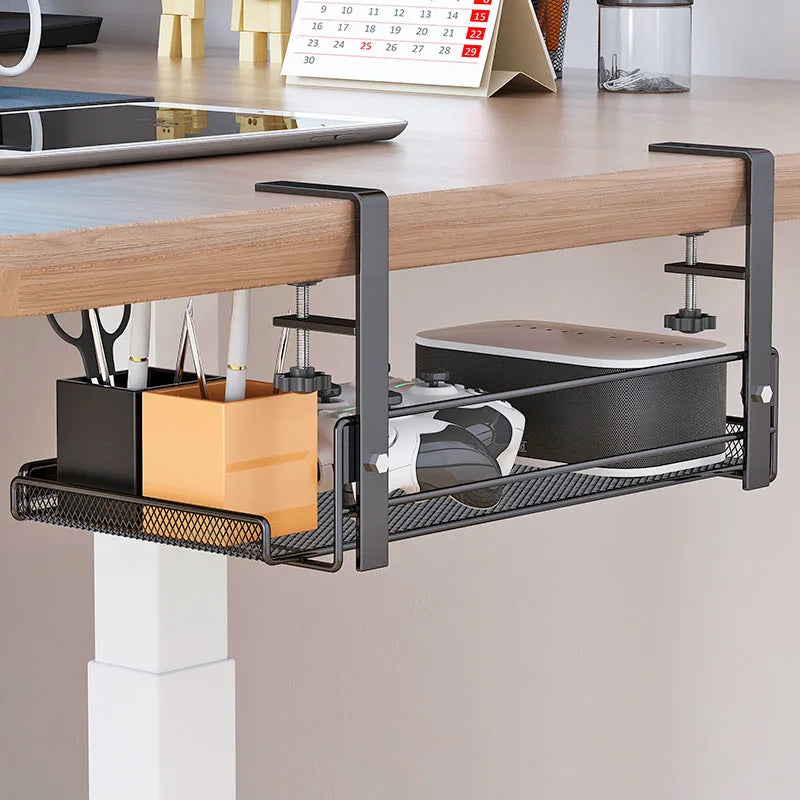Under-Desk Carbon Steel Cable Management Rack — No-Drill Hook Mount