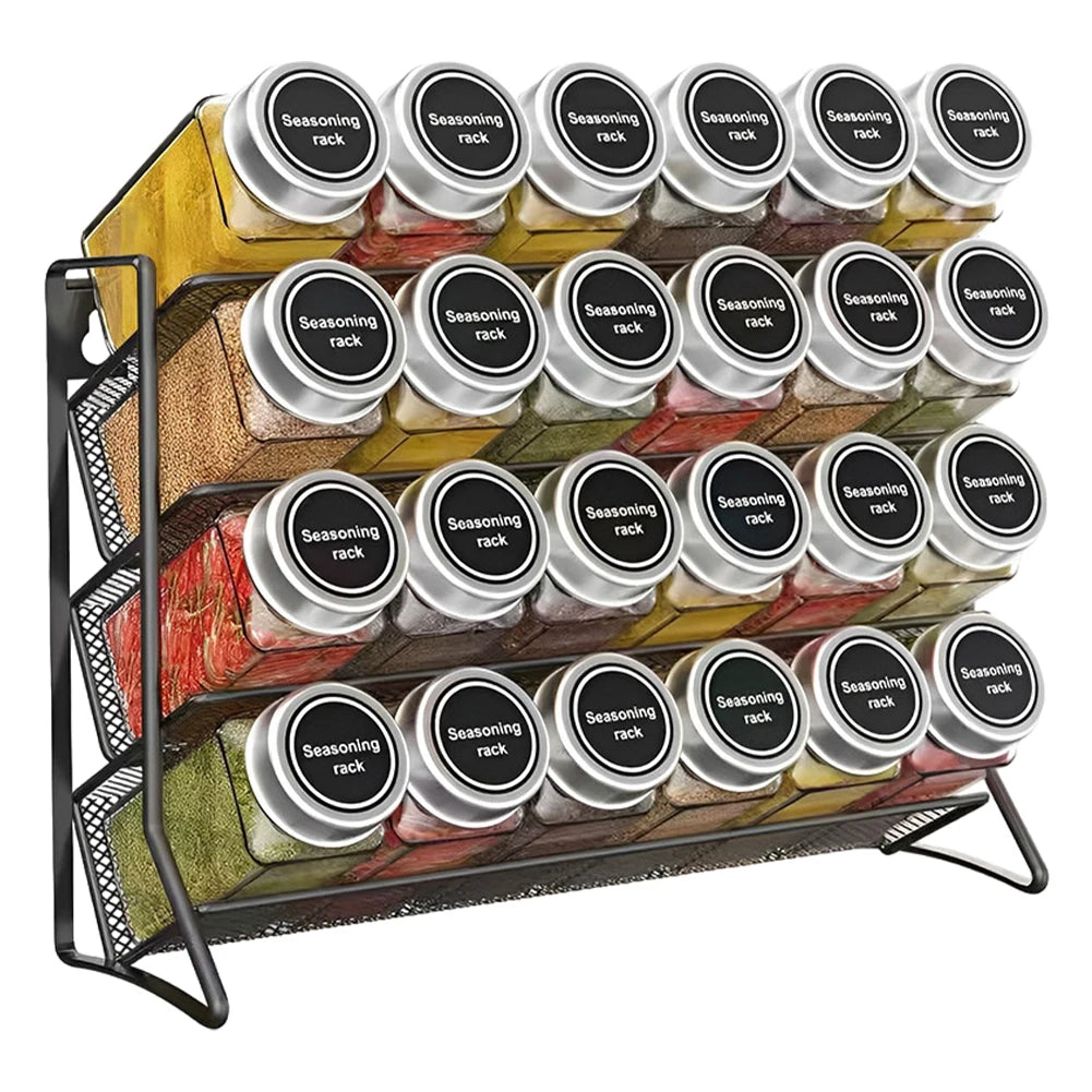 4-Tier Carbon Steel Spice Rack — Desktop or Wall-Mount, No-Drill